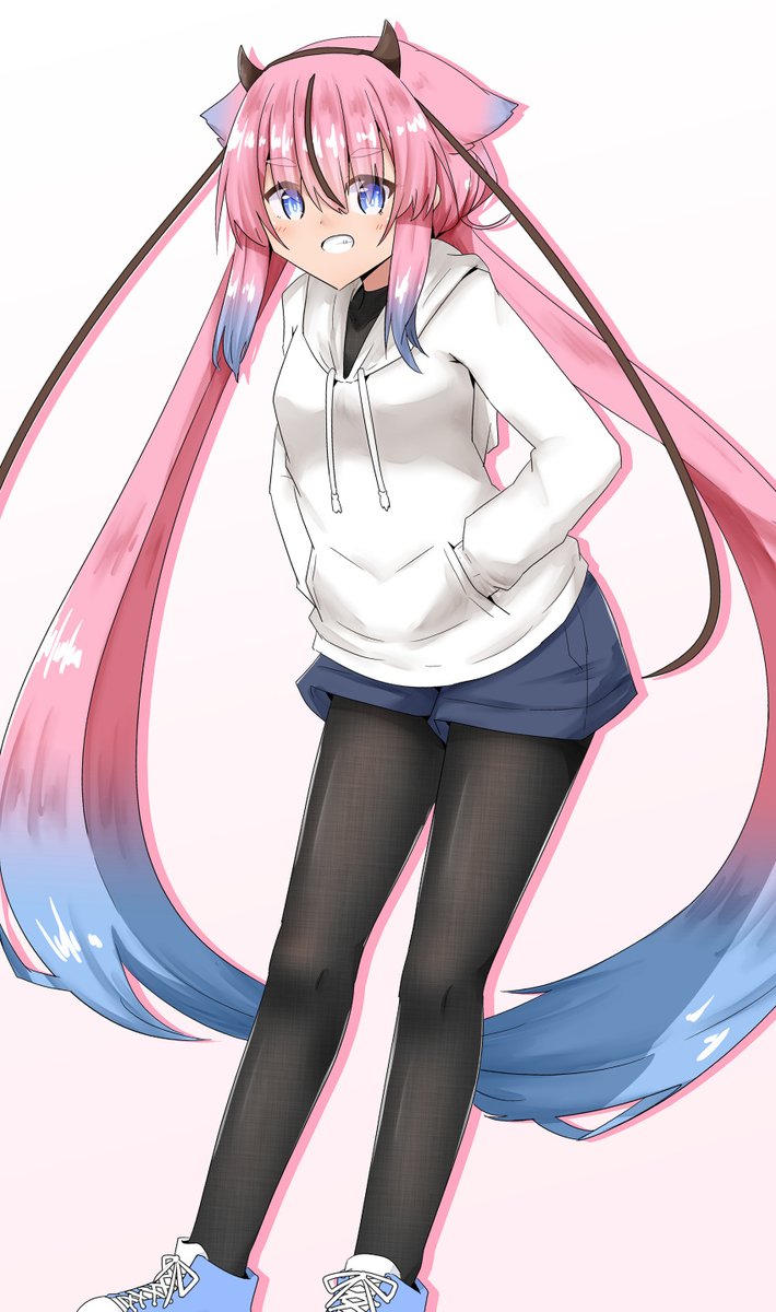 shorts blue hair horns pink hair very long hair pantyhose solo  illustration images