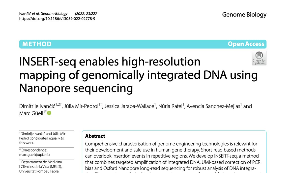 New paper: INSERT‑seq enables high‑resolution mapping of genomically integrated DNA using Nanopore sequencing ow.ly/8jfh50Ll29U Work lead by our CSO @marcguellc at @UPFbiomed and collaborative effort by talented scientists @_dimiid, @juliamirpedrol and our CEO @avenciasm.