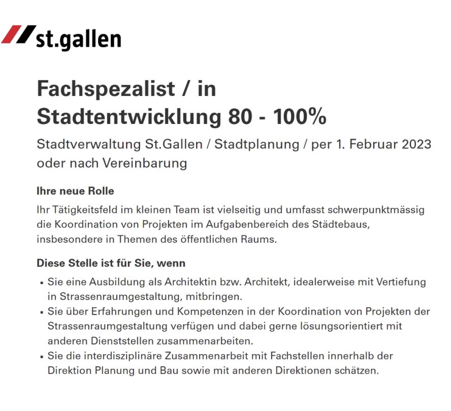 Wir suchen neue Arbeitskollegin / neuen Arbeitskollegen für den Städtebau, insb. für Themen des öffentlichen Raums: live.solique.ch/STSG/de/jobs/F… bitte weitersagen.