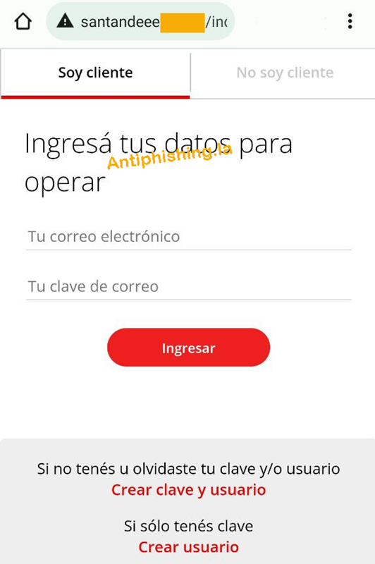 AntiPhishing_La's tweet photo. CUIDADO: nuevo #phishing de @Santander_Ar. Roba datos del usuario de homebanking Y del correo electrónico. https://t.co/pjxB5Btzrt