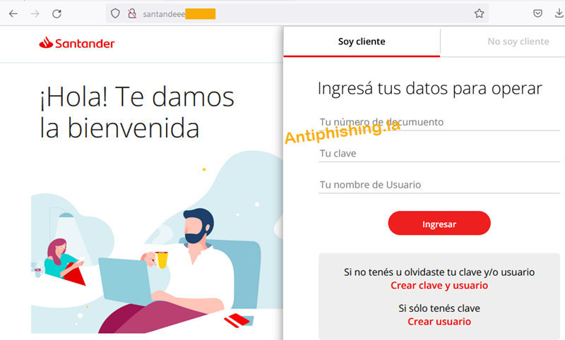AntiPhishing_La's tweet photo. CUIDADO: nuevo #phishing de @Santander_Ar. Roba datos del usuario de homebanking Y del correo electrónico. https://t.co/pjxB5Btzrt
