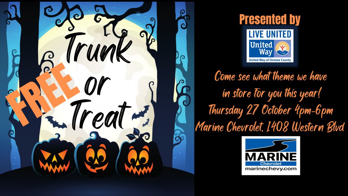 Join us Thursday 27 October 4pm-6pm for #trunkortreat at <a href="/MarineChevy/">Marine Chevrolet</a>.  You don't want your little goblin to miss this year's theme.  They will be in for a #treat.
