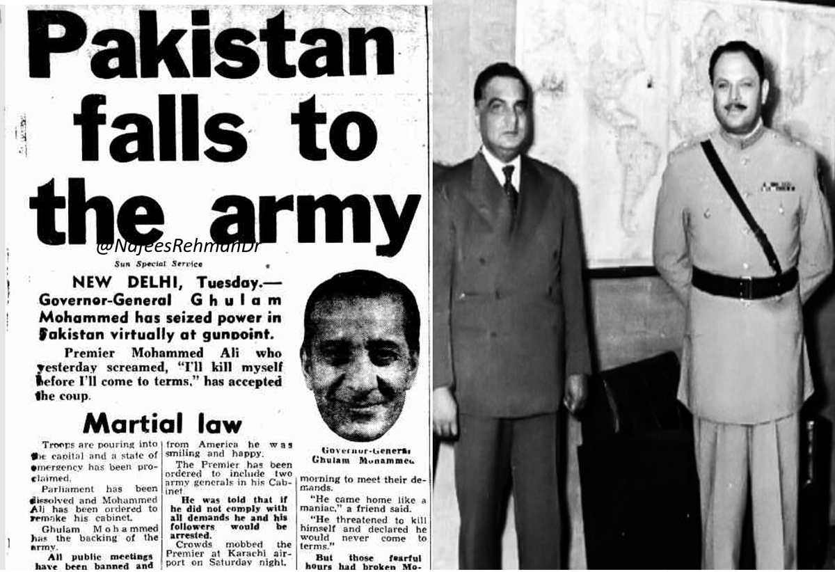 Exactly 68 yrs ago in 1954, Governor General Ghulam Muhamad, with the help of Army, dissolved the 1st Constituent Assembly of Pak & reconstituted the cabinet forcing three* new ministers in including Gen. Ayub & Gen. Iskandar Mirza as Defense & Interior Ministers respectively.🧵