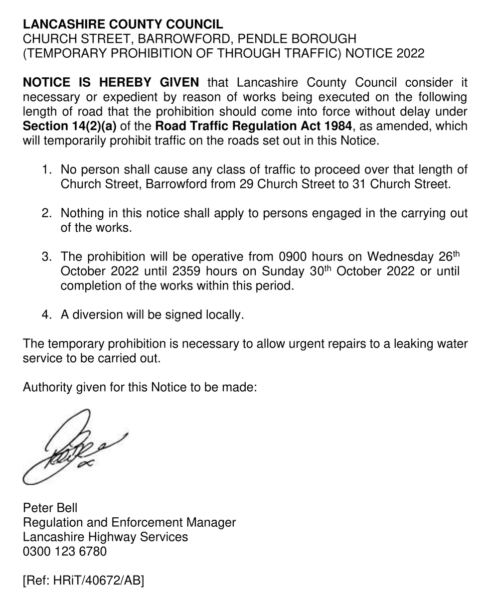 BarrowfordPC's tweet photo. Temporary Road Closure Notice: Church Street
26Oct2020 - 30Oct2020
https://t.co/JWrnHODjqR https://t.co/2tLcXyYnIX