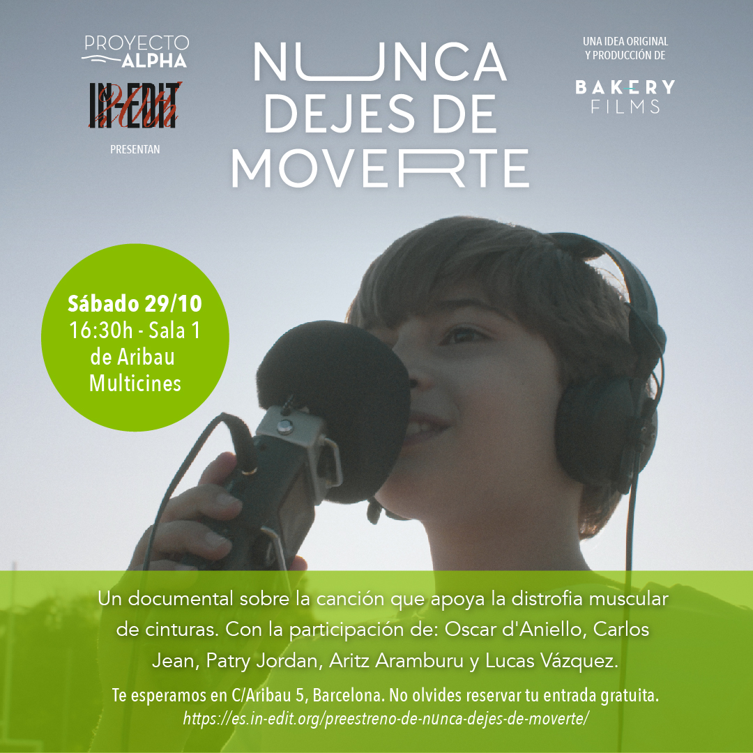 Dissabte, en el marc de l'<a href="/InEditFestival/">In-Edit Festival</a>, s'estrena #NuncaDejesDeMoverte. 🎥Un documental de <a href="/BakeryGroup/">Bakery Group</a> i <a href="/proyectoalpha_/">Proyecto Alpha</a> que té l'objectiu de conscienciar sobre la Distròfia Muscular de Cintures. No hi falteu! 

🎟️Venda d'entrades: es.in-edit.org/preestreno-de-… cc <a href="/Carlos_SLL/">Carlus Carlinhos</a>