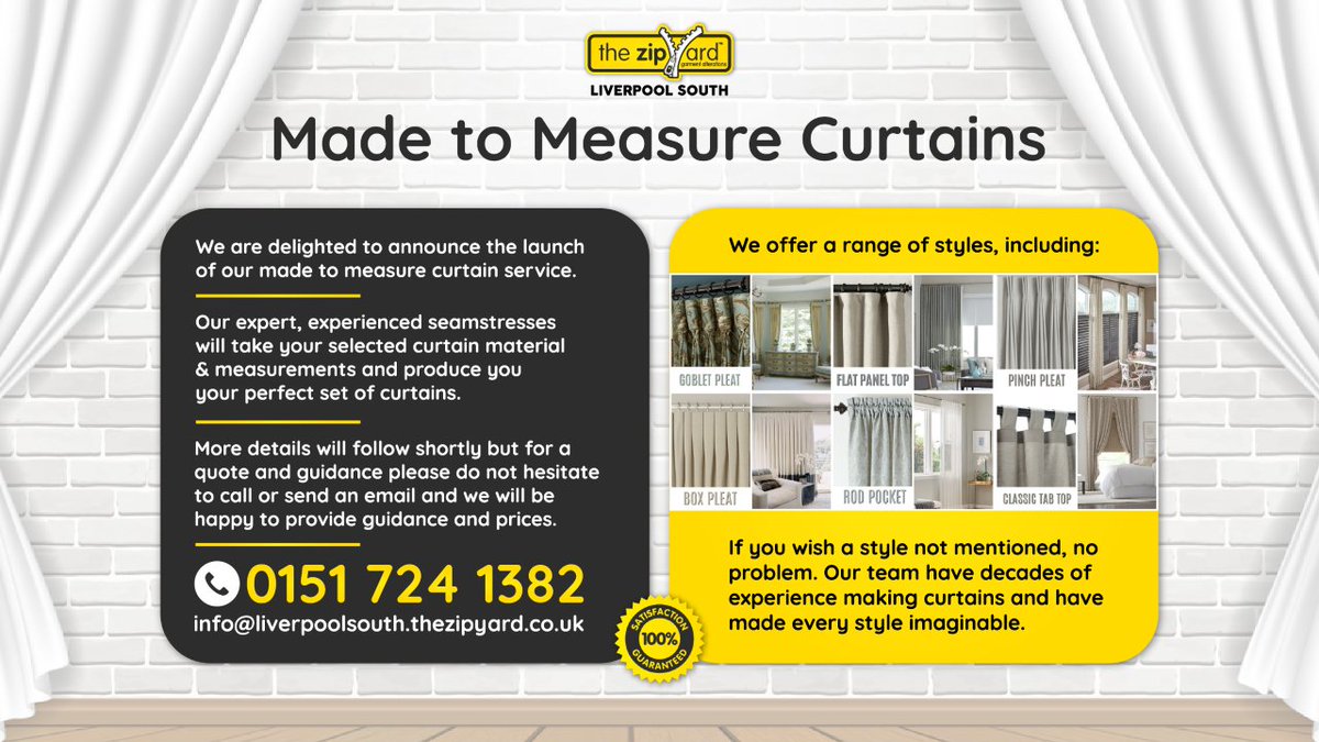 DID YOU KNOW❓

We offer a Made to Measure Curtain service here at the ZipYard Liverpool South.

Check out our curtain website for information including all prices.

zipyardliverpoolcurtains.com 

#Liverpool #curtains #madetomeasurecurtains #curtainalterations