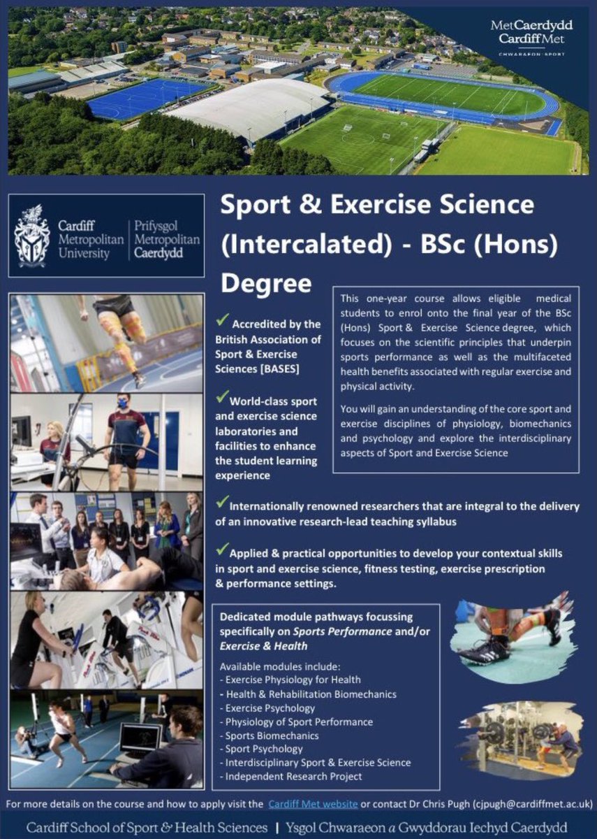 Chris Pugh (@cjapugh) on Twitter photo Applications for the 2023/24 #Sport & #Exercise #Science Intercalated #BSc degree <a href="/CardiffMetSES/">Cardiff Met SES</a> are now OPEN. Great opportunity for any #medical #student interested in exercise #medicine / #performance to join our @basesuk accredited programme👇
Pls RT
ℹ️cardiffmet.ac.uk/sportandhealth… Applications for the 2023/24 #Sport & #Exercise #Science Intercalated #BSc degree <a href="/CardiffMetSES/">Cardiff Met SES</a> are now OPEN. Great opportunity for any #medical #student interested in exercise #medicine / #performance to join our @basesuk accredited programme👇
Pls RT
ℹ️cardiffmet.ac.uk/sportandhealth…