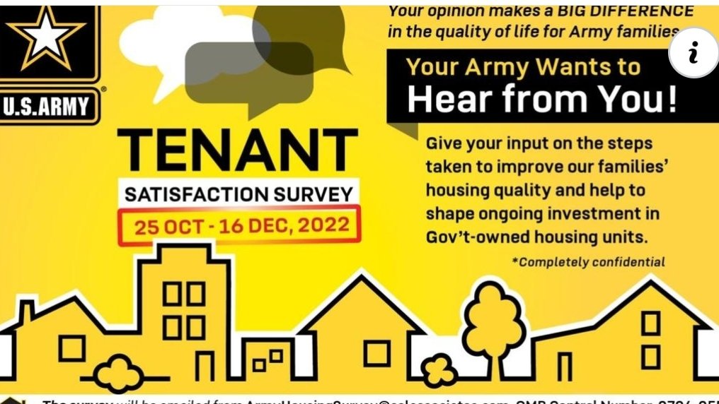 1Programs's tweet photo. We urge you today to be proactive and take the U.S. Army Housing survey. If you have not received your email from armyhousingsurvey@celassociates.com contact your Housing office. The survey is available until 16 Dec 22.
#ArmyHousing #YourOpinionMatters #QualityofLife @1stTSC_CSM https://t.co/zUzayGd8Jw
