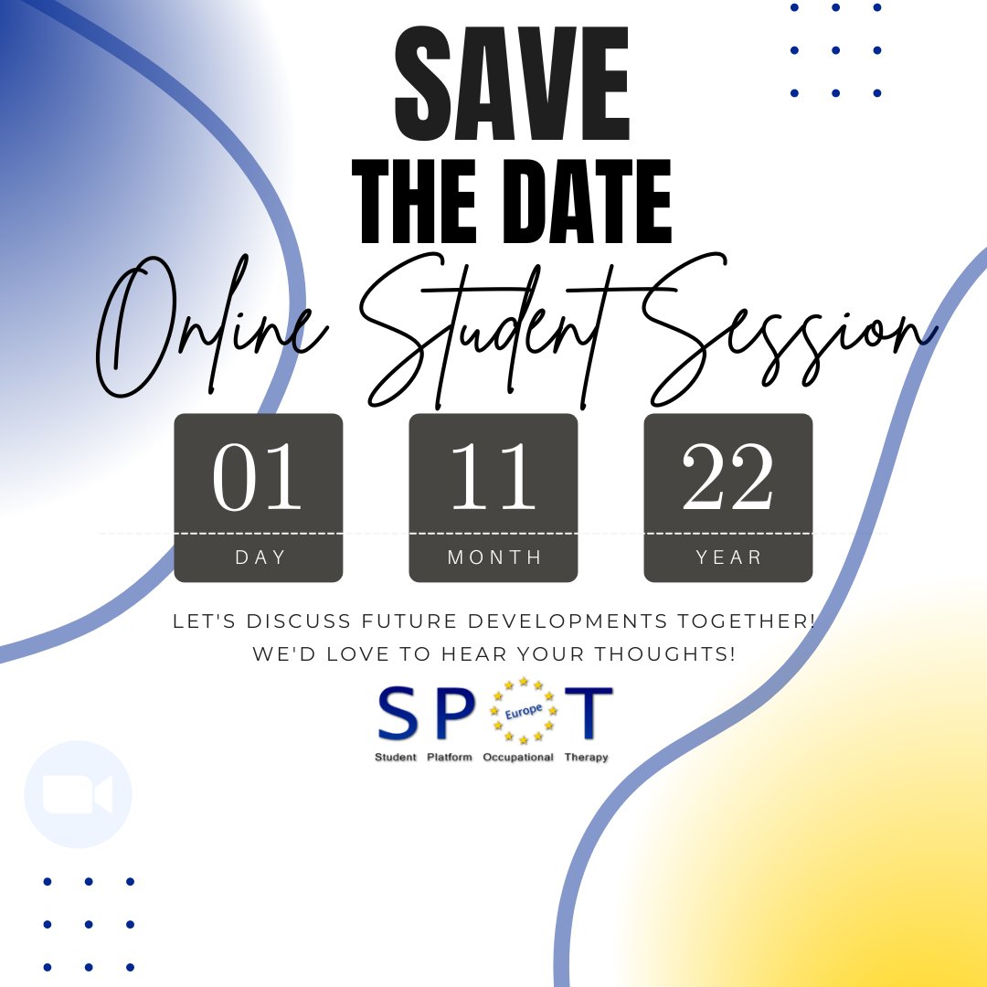 SPOTeurope's tweet photo. SPOTeurope will hold an online student session on November 1st from 17:00 - 18:30 CET. We would love to hear your opinion on many different topics and discuss ways how we can implement them! Link to register: https://t.co/icaq3VDqpk

#occupationaltherapystudent #oteruope https://t.co/ZupEHx83JZ