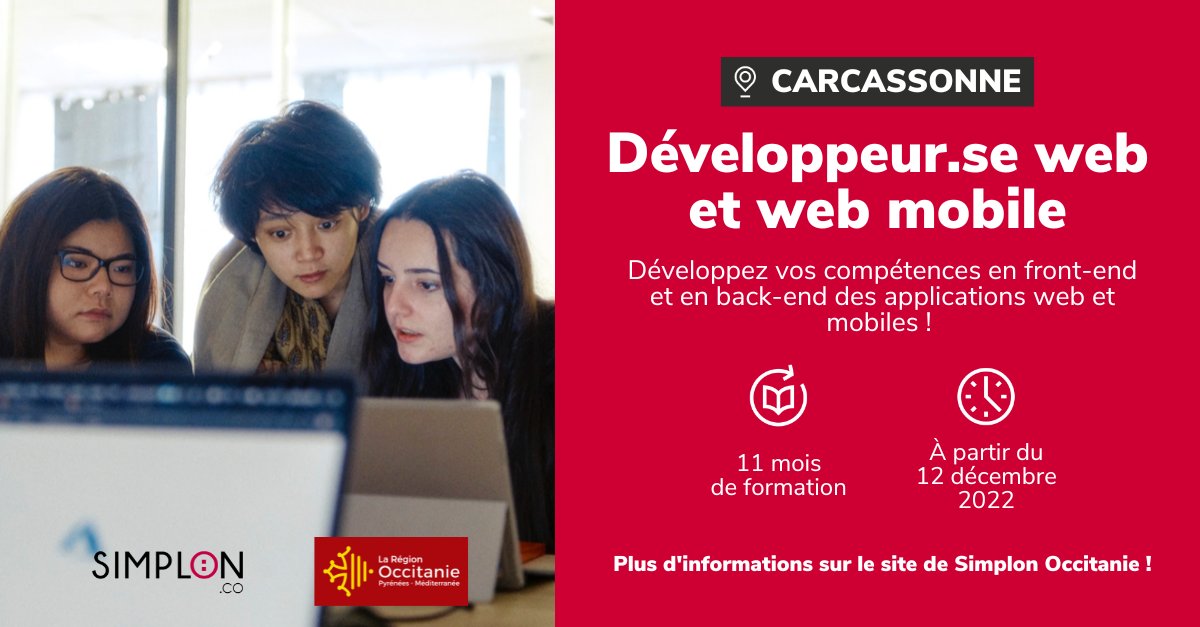 Et si vous deveniez développeur.se Web et Web Mobile ?

Simplon.co et <a href="/Occitanie/">Région Occitanie</a>  vous proposent une formation gratuite, sans pré-requis techniques

Pour en savoir plus et postuler : occitanie.simplon.co

@Poleemploi_oc <a href="/CarcaInfos/">Ville de Carcassonne</a>