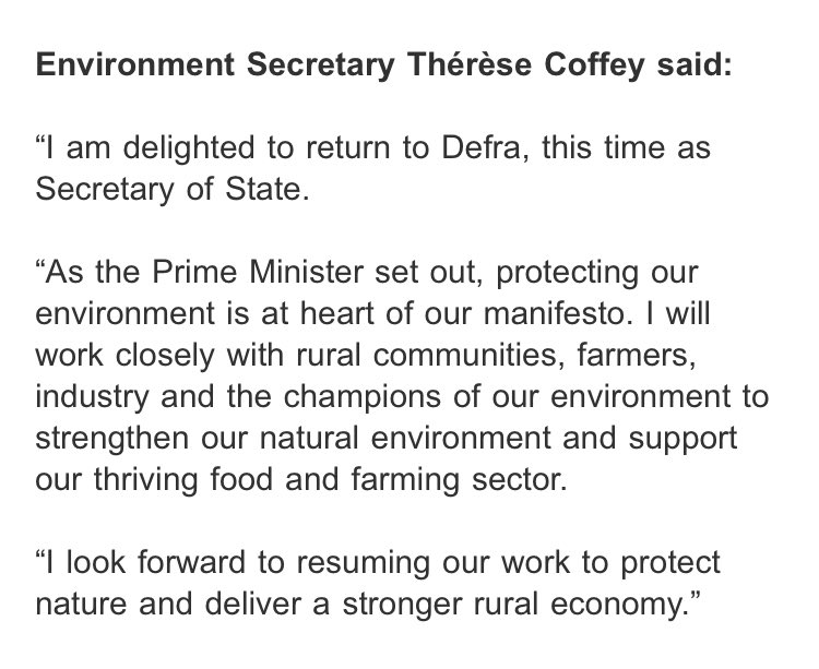New- the environment secretary @theresecoffey has vowed to work with environment groups and protect nature. Very different tone to her predecessor - are we going to see an end to divisive nature policies and language towards the environment NGOs?