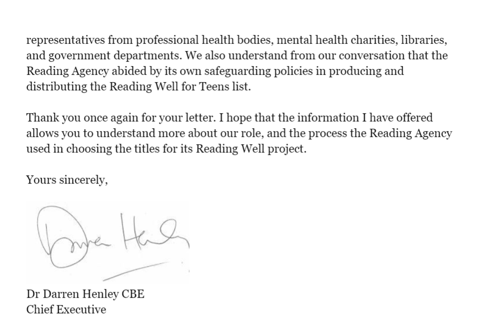 Darren Henley CEO of the Arts Council doesn't have a problem with the Reading Agency promoting books to 13 year olds which glamorise medical transition and direct them to contact Mermaids How can @ace_national and the @readingagency ignore guidance from @NHSEngland?