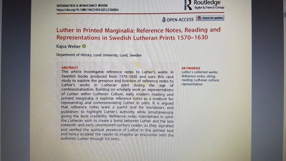 So happy to see my "Luther in Printed Marginalia: Reference Notes, Reading and Representations in Swedish Lutheran Prints 1570–1630" on Luther in footnotes (or well, what would later become the footnote!) in R&amp;RR. And it´s OA! #reformazing 
tandfonline.com/doi/full/10.10…