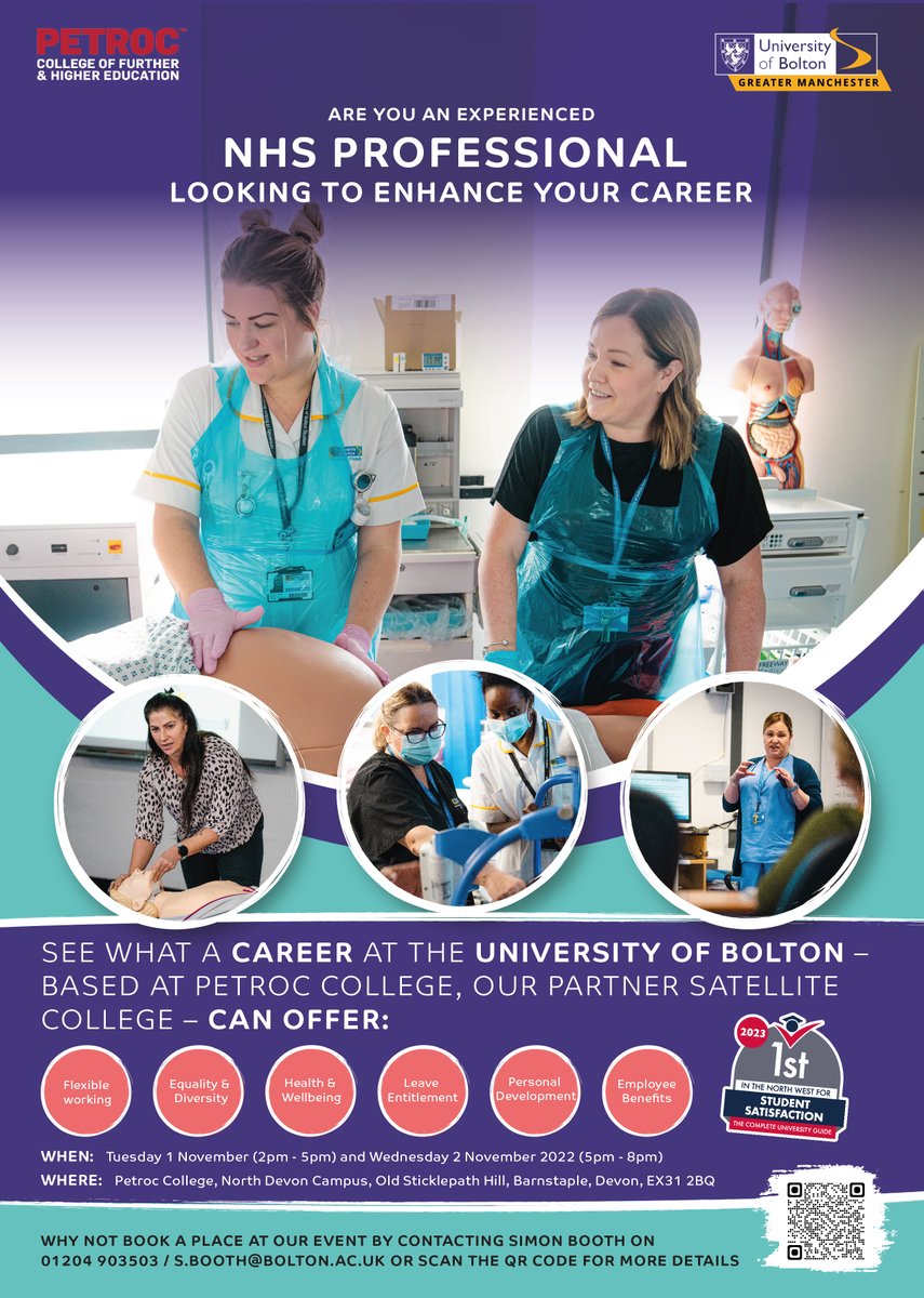 Countdown to our <a href="/BoltonNursing/">Bolton Nursing 💙</a> recruitment open day at our satellite site <a href="/PetrocOfficial/">Petroc</a> - if you've always fancied teaching and want to support our provision down in #NorthDevon, register today!