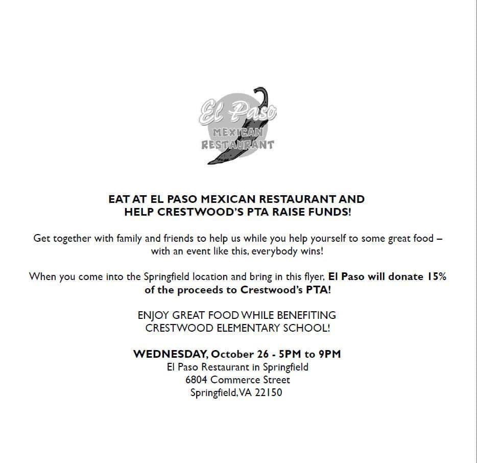 asstprinDeLaCru's tweet photo. Support Crestwood ES by eating at El Paso!  Who’s joining me for dinner?  @CrestwoodElem @FCPSR3 https://t.co/Qpldt1ppqv