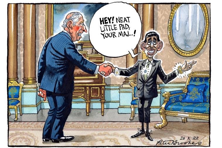 My cartoon Wednesday @TheTimes on the kissing of hands, and comparing of properties. #RishiSunakPM #KingCharles