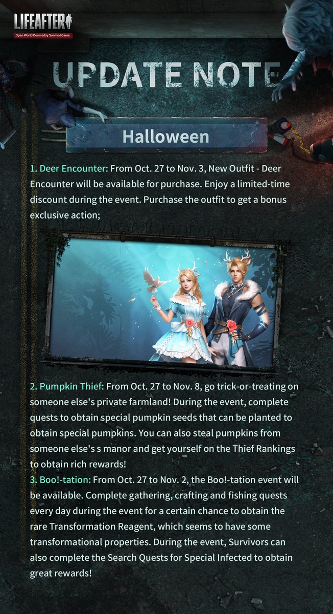 LifeAfter_en's tweet photo. #LifeAfter
#UpdateNote
Dear Survivors, This is Radio 101 transmitting across all AM frequencies, calling all survivors. To ensure a better game experience, we are performing an update on 10/27!
📌SEA & AU Server
8:00 -8:30 (UTC+8)
📌NA Server
16:30-17:00 (UTC+8) https://t.co/tvtdddrrPA