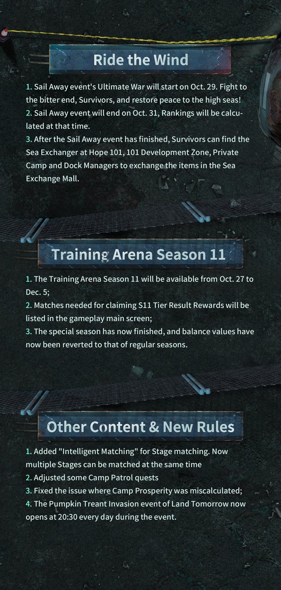 LifeAfter_en's tweet photo. #LifeAfter
#UpdateNote
Dear Survivors, This is Radio 101 transmitting across all AM frequencies, calling all survivors. To ensure a better game experience, we are performing an update on 10/27!
📌SEA & AU Server
8:00 -8:30 (UTC+8)
📌NA Server
16:30-17:00 (UTC+8) https://t.co/tvtdddrrPA