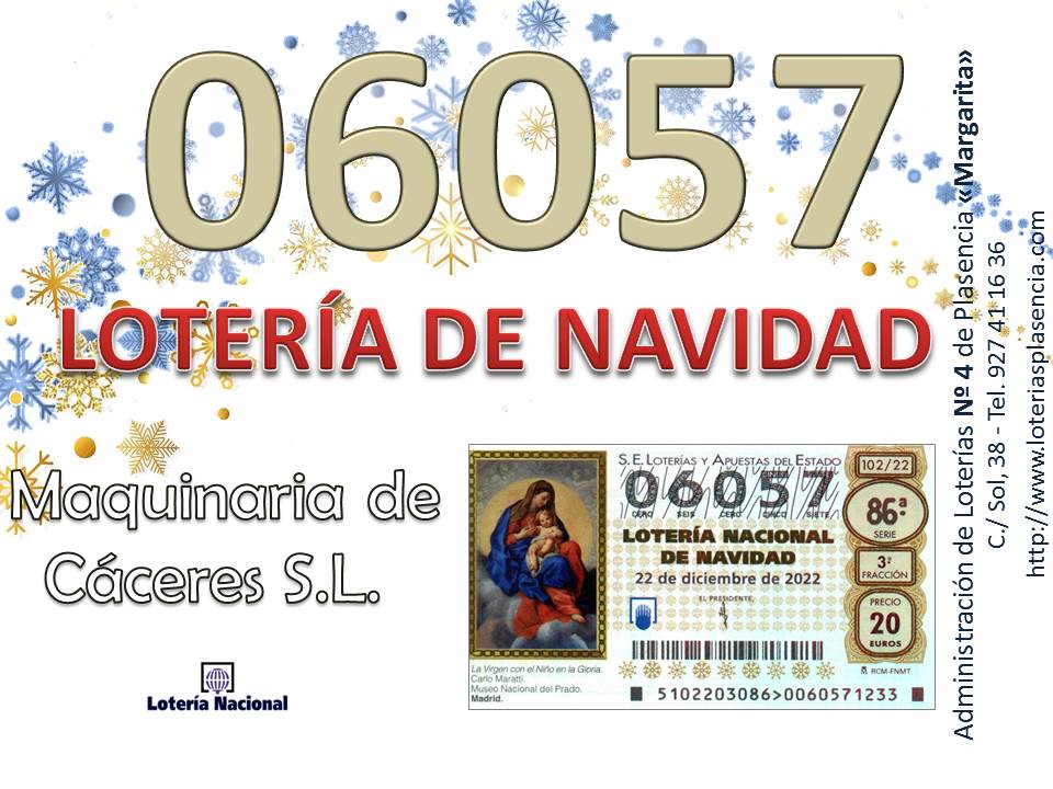 margaps's tweet photo. Maquinaria de Cáceres S.L. ya tiene a la venta la lotería para el sorteo de Navidad, como cada año su número 
 abonado, el 06.057. Suerte!!!
https://t.co/Ia88m1CAVQ
 #premios #sol38 #loteria #margarita #navidad #maquinaria #caceres #plasencia https://t.co/hF1fW0qmrc