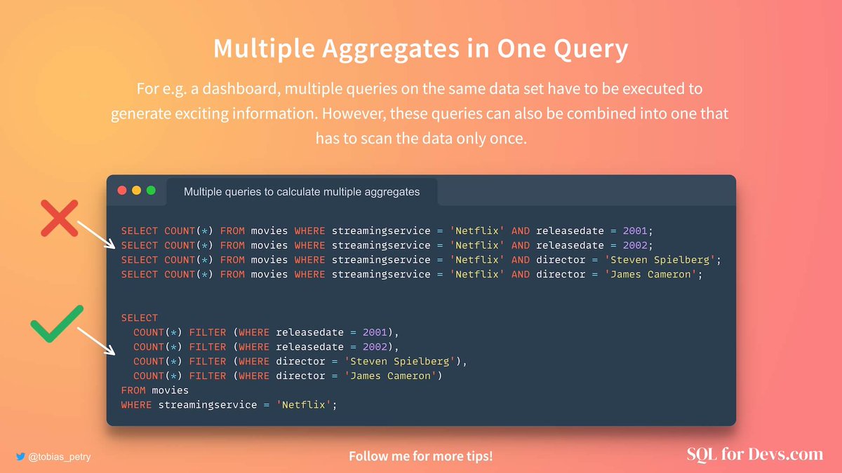 tobias_petry's tweet image. ⚡️ Database Tip
For e.g. a dashboard, multiple queries on the same rows have to be executed to calculate different statistics. However, these queries can also be combined into one query that has to scan the rows only once!
sqlfordevs.com/multiple-aggre…