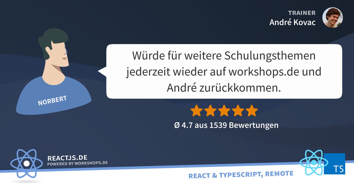 workshops_de's tweet photo. #FeedbackOfTheDay
Neuestes Feedback unserer #React & #TypeScript Intensiv-#Schulung mit @andrekovac
🤫 Die nächsten #Workshop Termine findest Du hier:
https://t.co/aV0lyHstuF https://t.co/I3cpdVVApp