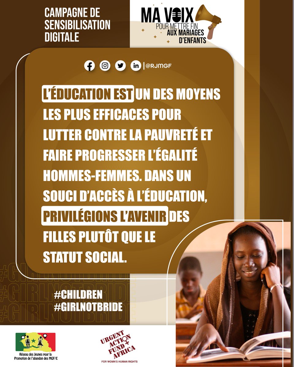 reseau_MGF_ME's tweet photo. L'éducation constitue un pilier important pour vaincre certains maux sociétales comme la pauvreté et les mariages d'enfants. OUI à la scolarisation des enfants et Non aux mariages des enfants.
@UAFAfrica
#EndFGM #PowerToGirls #FillesPasEpouses #EndMGF #youthendfgm https://t.co/iAJHDQ0bTf