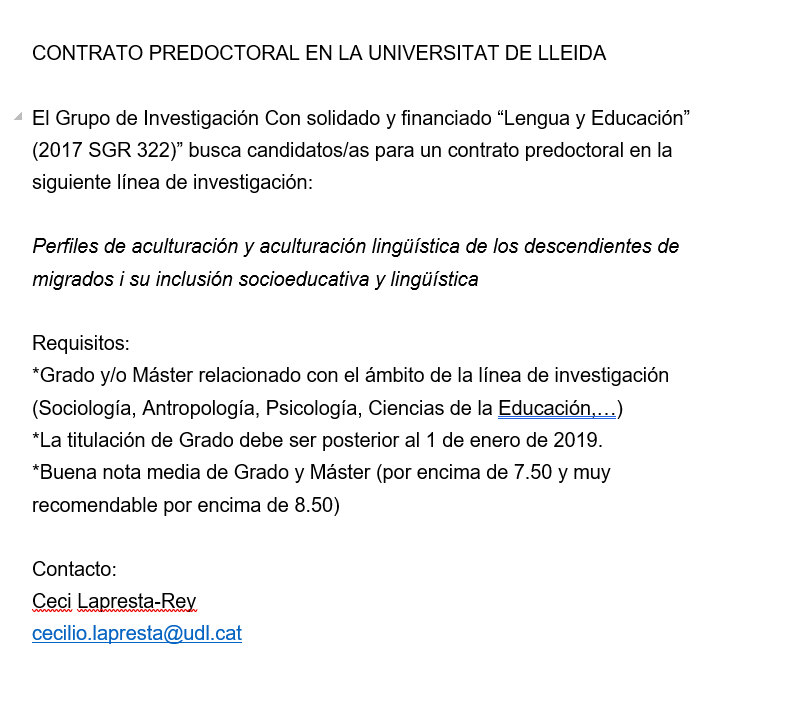 📌Plaza vacante contrato predoctoral
📌Plaça vacant contracte predoctoral
📌Vacancy pre-doctoral contract
Contact: cecilio.lapresta@udl.cat