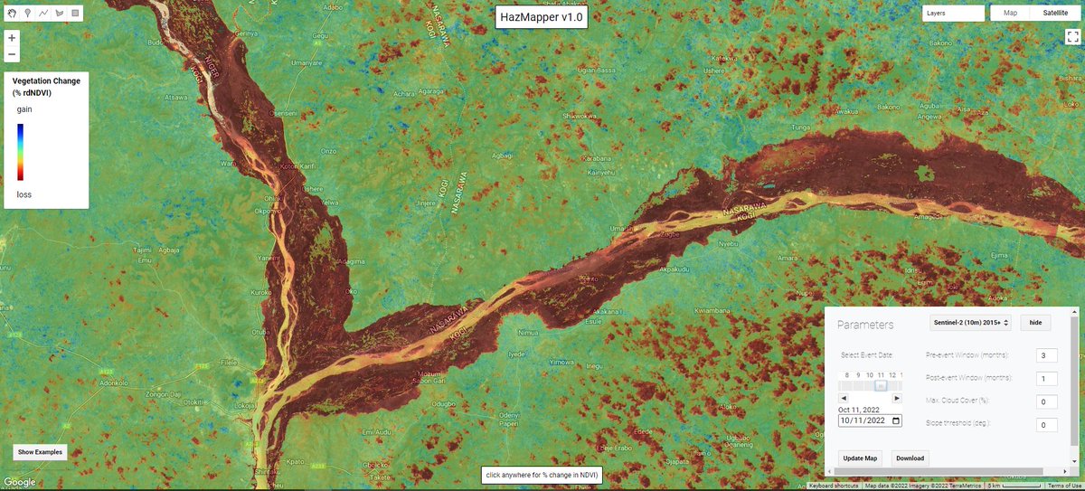 October flood woes along the #Niger and #Benue Rivers is clearly visible using #Sentinel2 imagery and the <a href="/HazMapper/">HazMapper</a> #rdNDVI algorithm. Contiguous red areas = loss of vegetation during #NigeriaFloods inundation. Explore yourself with the direct URL at cmscheip.users.earthengine.app/view/hazmapper…;