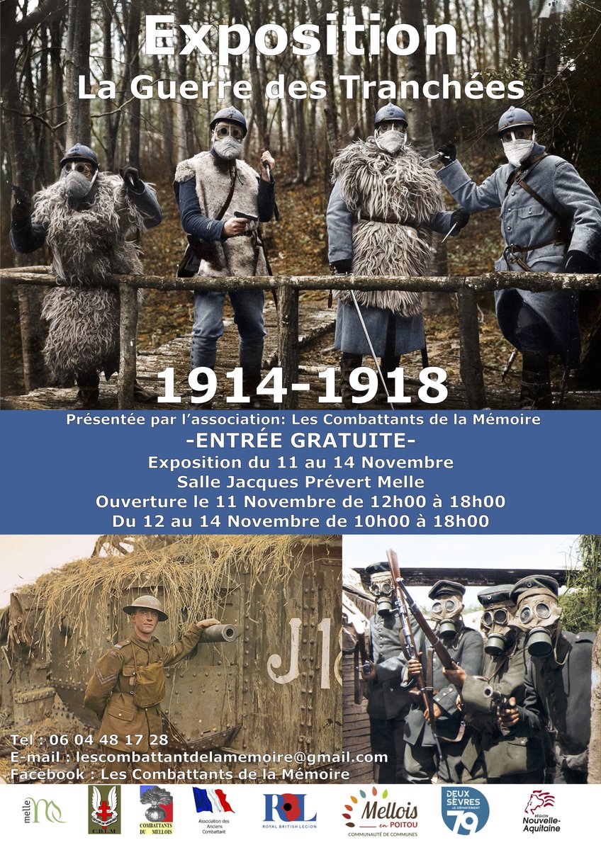 VilledeMelle's tweet photo. Le 11 novembre à partir de 12h venez découvrir l'exposition "La Guerre des Tranchées" proposée par l'association Les Combattants de la Mémoire. 
Exposition visible dans la salle Jacques Prévert de Melle de 10h à 18h du 12 au 14 novembre 2022. 
#villedemelle #melle #exposition https://t.co/k4In5qpnp6