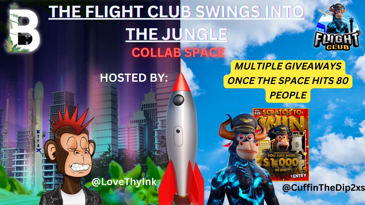 ‼️Guys you won't want to miss this collab space hosted by @LoveThyInk and <a href="/CuffinTheDip2xs/">Cuffin The Dip</a> ... Join us and the #FlightClubBAP and #BTFA communities as dig into the projects. Multiple #Giveaways will happen once the space reaches 80 people #DontMissThisJet ✈️