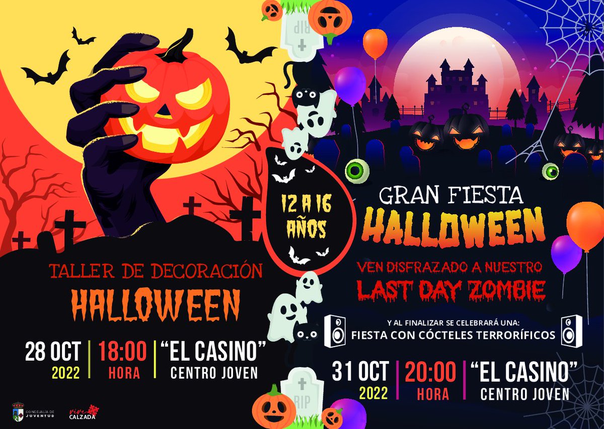 🎃 Este año celebramos Halloween en el "Casino" 📍 Centro Joven de la localidad con dos actividades para jóvenes de 12 a 16 años🧛⤵ #Halloween ‍#Fiesta #Talleres #Decoracion #FiestaZombie #SaludosDiego #Terror #Casino #CentroJoven #CalzadadeCalatrava #ViveCalzada
