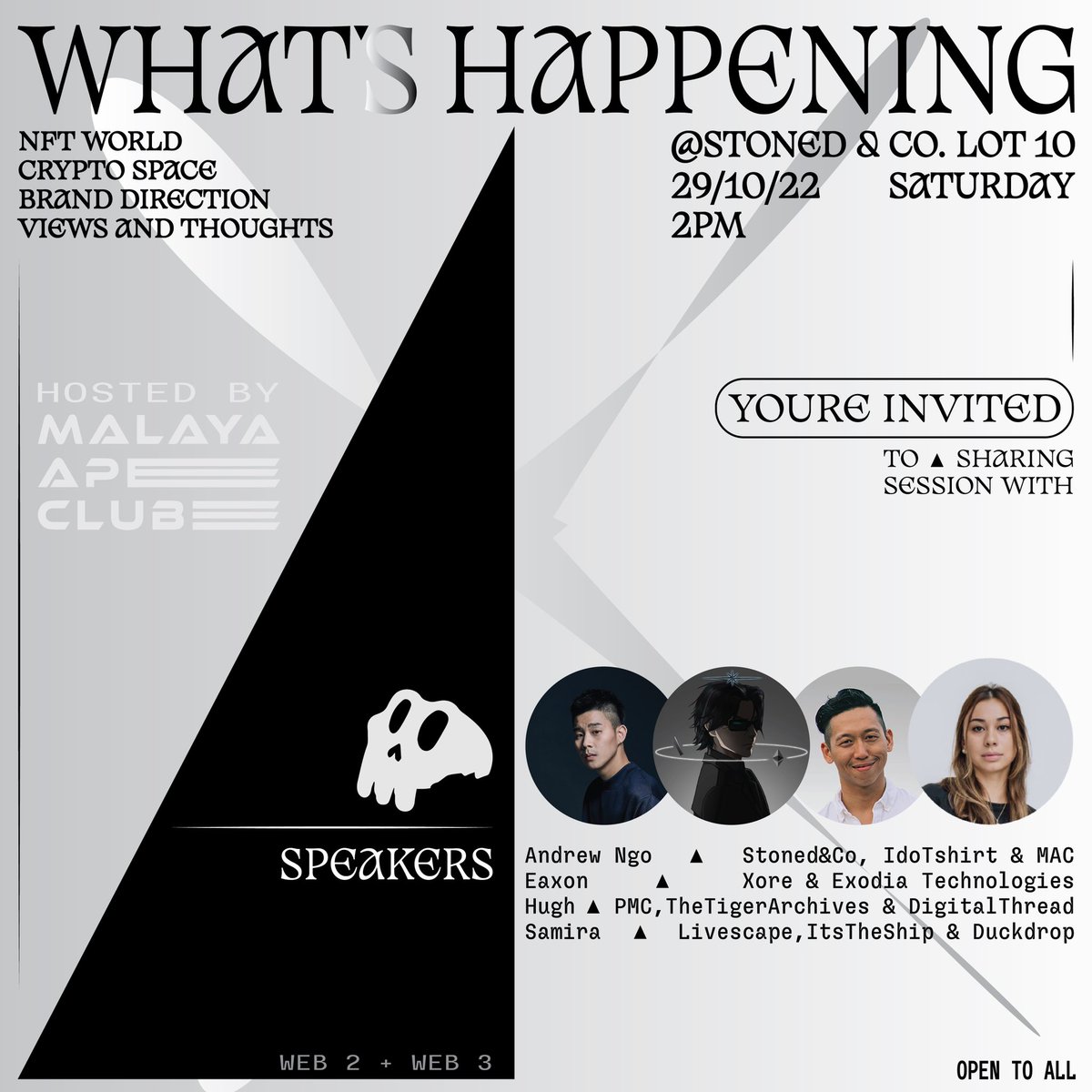 ⚠️ OPEN TO ALL ⚠️

Be sure to drop by Stoned &amp; Co @ Lot 10 KL this Saturday (2pm) to hear what our speakers have to say!

• Andrew -  MAC and Stoned &amp; Co.
• Hugh - Pestle &amp; Mortar and Tiger Archive
• Eaxon - XORE and Exodia
• Sami - DuckDrop and It’s The Ship

See you there!