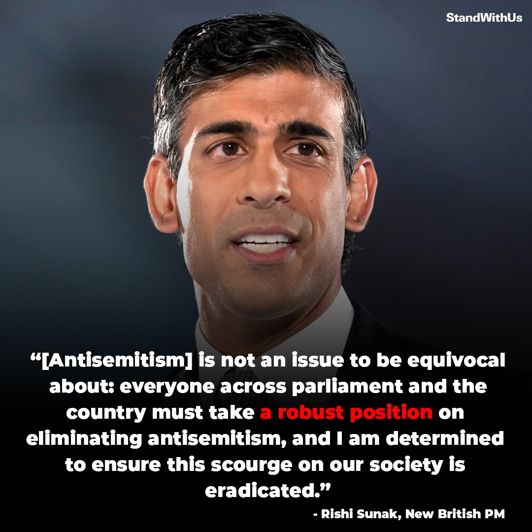 The new UK Prime Minister, <a href="/RishiSunak/">Rishi Sunak</a>, has vowed to fight #antisemitism, including in the form of discriminatory anti-Israel boycotts, and has referred to the #Jewish state as a 'shining beacon of hope.' 
Thank you, PM Sunak, for standing with Israel &amp; the Jewish people. 👏
