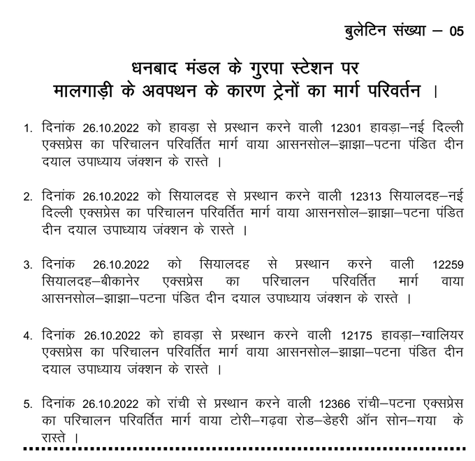 firstbiharnews's tweet photo. धनबाद-गया रेल रूट पर मालगाड़ी डिरेल होने के बाद कई ट्रनों के रूट बदले
@ECRlyHJP https://t.co/5DkiTaWZbE