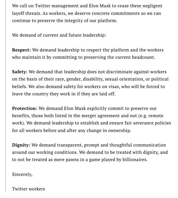 I am in tears reading this open letter from Twitter employees to Elon Musk. Could you imagine being an AT WILL employee and sending a letter of demands to the person buying your company? 😂