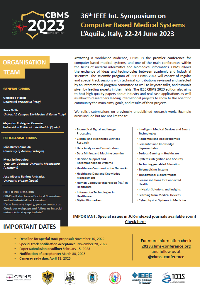 cbms_conference's tweet photo. IEEE CBMS 2023 will be this year in L'Aquila, Italy and we are opening our call for papers to solicit submissions. All the information can be checked in the attached image, as well as on the webpage: https://t.co/kpvBL0tfMD https://t.co/VeAqtt7IZX