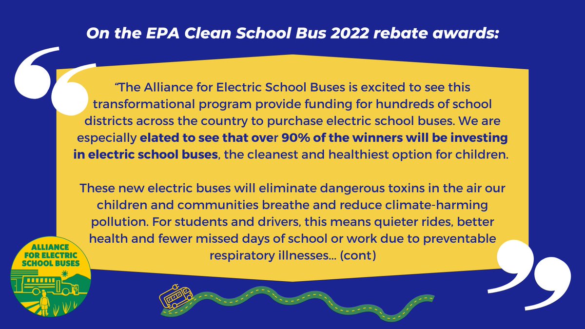alliance4esb's tweet photo. JUST IN: @EPA has announced the list of school districts winning a Clean School Bus Program 2022 rebate award! An electric #CleanRide4Kids is coming to a community near you. 

https://t.co/nb5sgfSNJT

Read our coalition's statement here and below: https://t.co/LUU7RXqcAw https://t.co/AxXT8zcaTl
