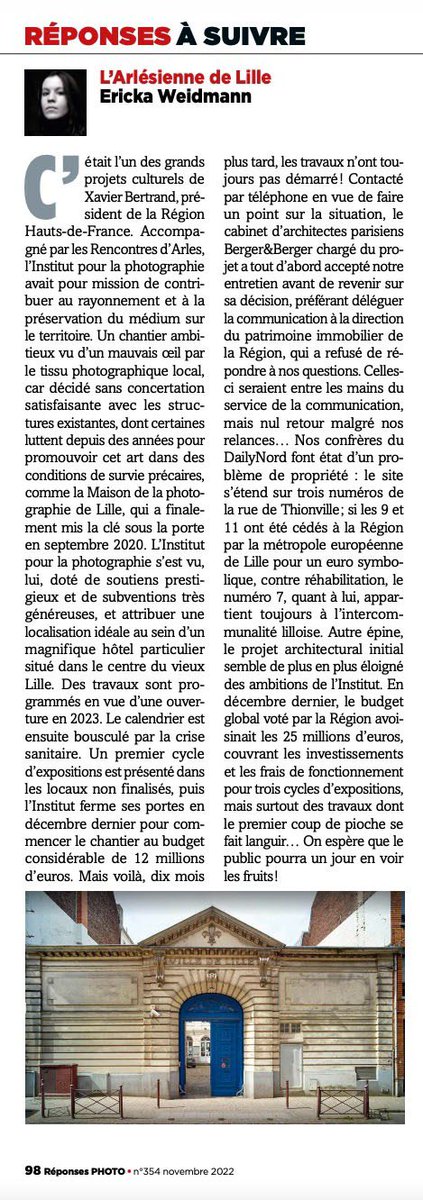 100Photographes's tweet photo. L’Institut pour la Photographie… ou l’Arlésienne de Lille… un bel article du magazine @reponsesphoto qui illustre le désastre de la politique lilloise pour la Photographie en @hautsdefrance @prefet59 bravo au duo Anne Lacoste / Sam Stourdzé #Photographie https://t.co/4XsXA4v6mQ