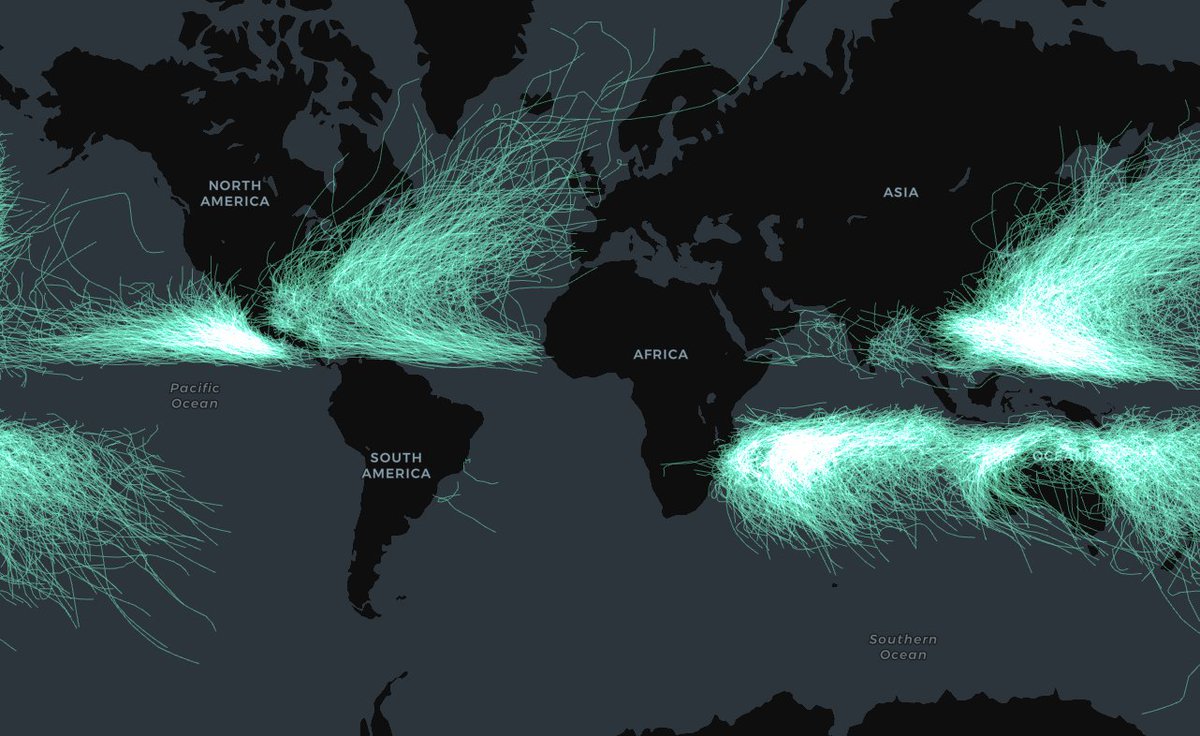 Mapping global hurricane tracks since 1842, data from <a href="/NOAA/">NOAA</a> via <a href="/googlecloud/">Google Cloud</a> public data,  visualized in <a href="/CARTO/">CARTO</a>