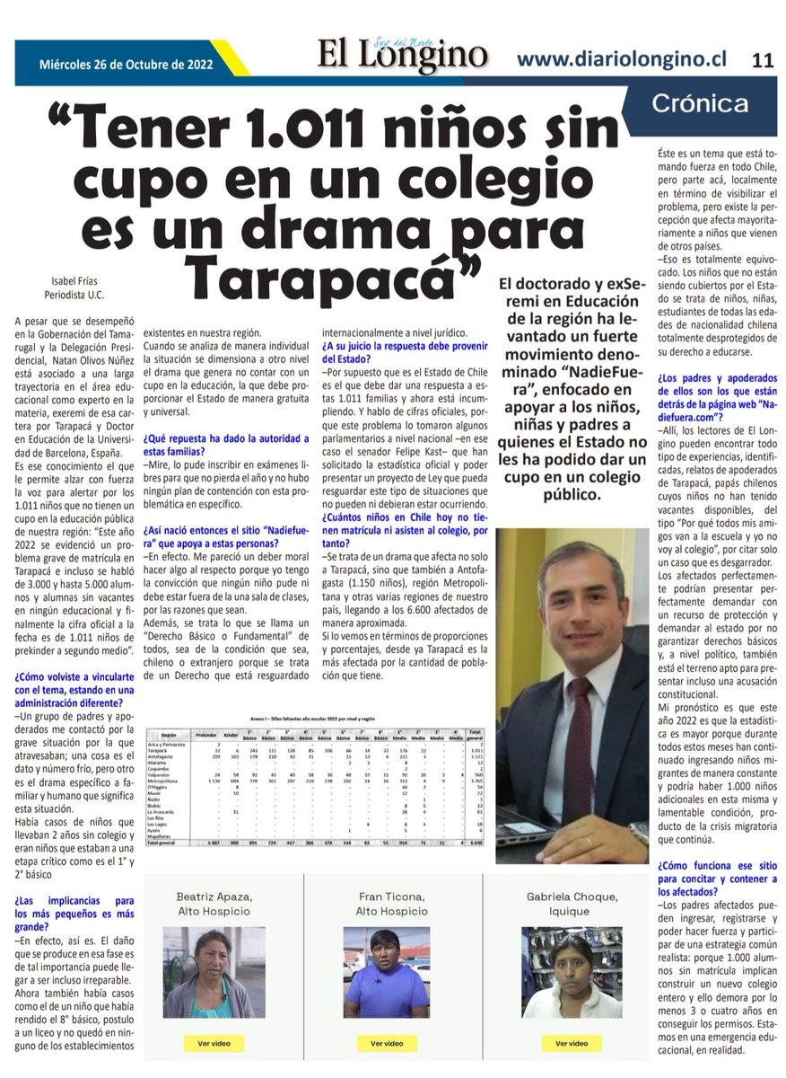 Este año hubo 1011 niños que no pudieron estudiar en nuestra región por no tener matrícula
Hoy en Diario @ElLongino hablando sobre este drama que son los temas urgentes que el Gobierno debe priorizar. Ningún niño puede quedarse fuera de una sala de clases.
#NadieFuera #Iquique