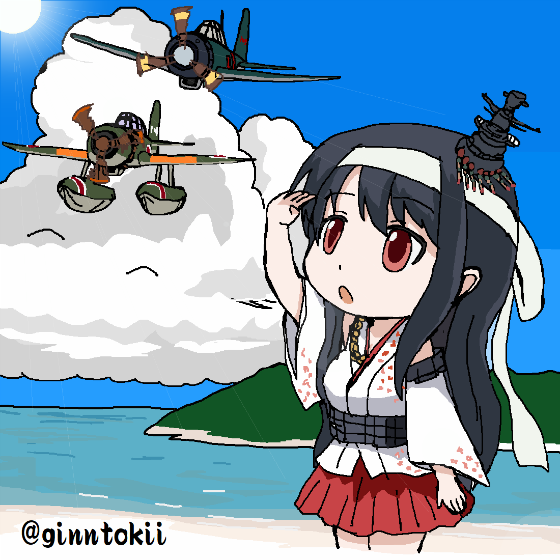 fusou (kancolle) black hair long hair 1girl headband cloud red eyes hair ornament  illustration images