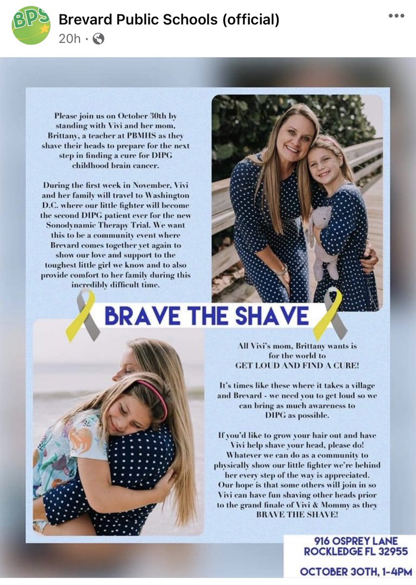 Sunday, 10/30 — 1-4pm. 
916 Osprey Lane
Rockledge, FL 32955

Please come out and support my best friend Brittany and her baby girl, Vivi as they shave their heads in preparation for our little fighters sonodynamic therapy trial. 

#beatDIPG #weneedamiracle #TeamVivi 
💙🙏🏼🦖