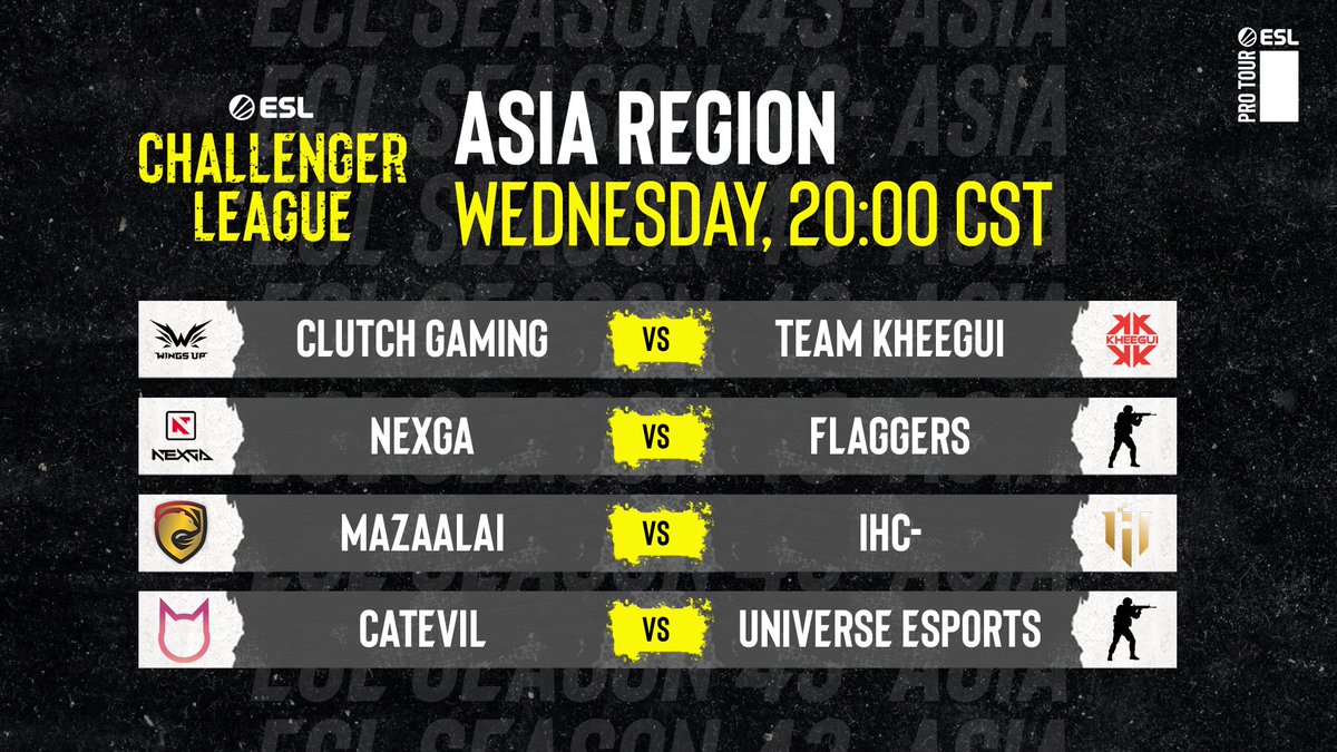Have we got a Wednesday full of Asian Counter-Strike action for you! 😍 Clutch Gaming vs. Team Kheegui @NEXGA_gg vs. Flaggers Mazaalai vs. IHC- CatEvil vs. Universe Esports Games will go LIVE in 1 hour 👀 #ESLChallengerLeague