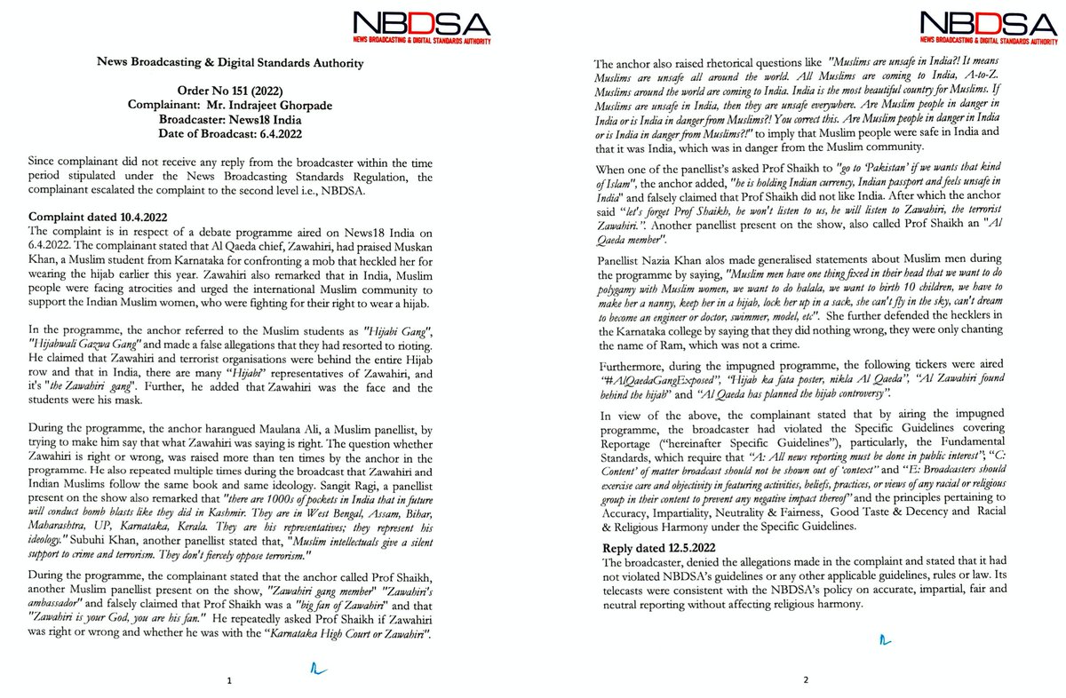 jeet561942's tweet photo. Basis a case I filed &amp; argued, News Broadcasting &amp; Digital Standards Authority (NBDSA) has slapped a Rs.50,000 fine on News18 India for linking Muslim female student protestors with terrorism. News 18 ordered to train Aman Chopra on how to conduct debates on sensitive matters. https://t.co/eYbsCZcTNb