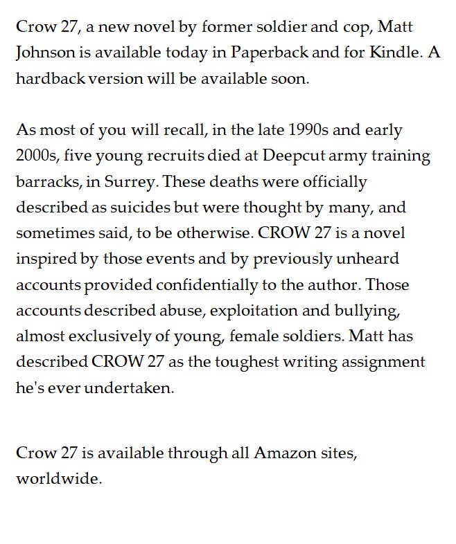 Matt Johnson (@matt_johnson_uk) on Twitter photo Crow 27, my new novel, is available now. Finlay is back, and with a sassy new partner. tinyurl.com/msftc7yx <a href="/DerFecht/">Daniela vonderFecht</a> <a href="/MariaChiovini/">Maria Catalina</a> <a href="/NWPMArmstrong/">Chief Inspector Mark Armstrong</a> <a href="/sandycaulfield1/">sandy caulfield</a> <a href="/MendelPS/">Paul Mendelson</a> @Eliot_McDermott <a href="/GarethBishop81/">Gareth Bishop</a> <a href="/LittlePStillMe/">Kristie 💋</a> <a href="/haydcam44_ford/">Michelle Huggins</a> @adams30_ali <a href="/silverclouds_/">Andrea D 🌍</a> Crow 27, my new novel, is available now. Finlay is back, and with a sassy new partner. tinyurl.com/msftc7yx <a href="/DerFecht/">Daniela vonderFecht</a> <a href="/MariaChiovini/">Maria Catalina</a> <a href="/NWPMArmstrong/">Chief Inspector Mark Armstrong</a> <a href="/sandycaulfield1/">sandy caulfield</a> <a href="/MendelPS/">Paul Mendelson</a> @Eliot_McDermott <a href="/GarethBishop81/">Gareth Bishop</a> <a href="/LittlePStillMe/">Kristie 💋</a> <a href="/haydcam44_ford/">Michelle Huggins</a> @adams30_ali <a href="/silverclouds_/">Andrea D 🌍</a>