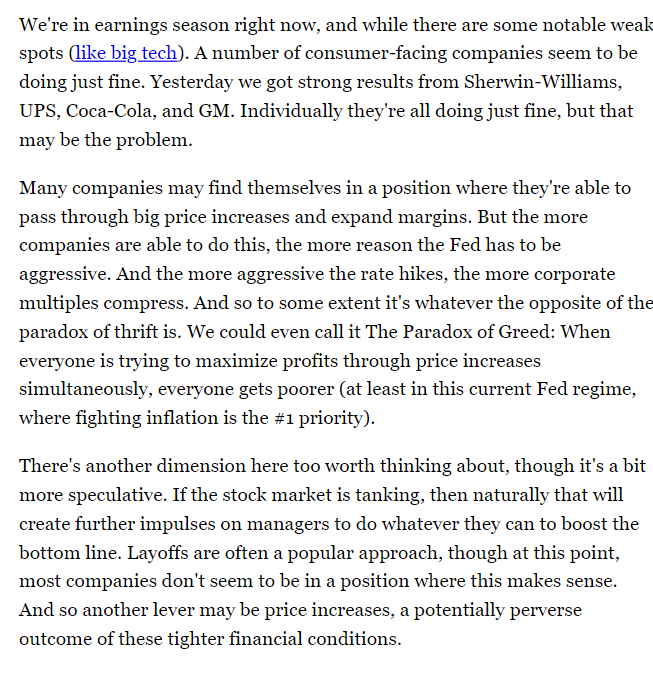 TheStalwart's tweet photo. THE PARADOX OF GREED

In today's @Markets newsletter, I wrote about something that's bothered me about the "greedflation" discussion and what happens when everyone tries raising prices and expanding margins at the same time.

Sub to the newsletter here:

https://t.co/Pl5nZqsNJq https://t.co/Wmh35mf0c7