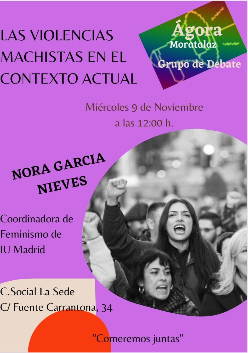 Reanudamos los debates:
En el mes de noviembre "Violencia Machista" la que el patriarcado inflige a las mujeres por el hecho de ser mujer.
Al finalizar el acto podremos charlar mientras comemos. 
Os esperamos a todas y todos. 💜