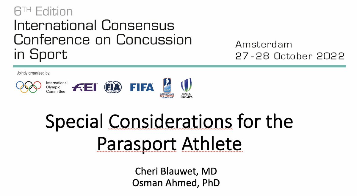 Tomorrow we kick off the 5th Int'l Consensus Meeting on #ConcussioninSport - the first to integrate a discussion re: concussions in the #ParaAthlete 🙌🏾
Very proud the int'l collaboration bringing work to the fore 🌍

#Progress #Representation #SportsMedicine @osmanhahmed