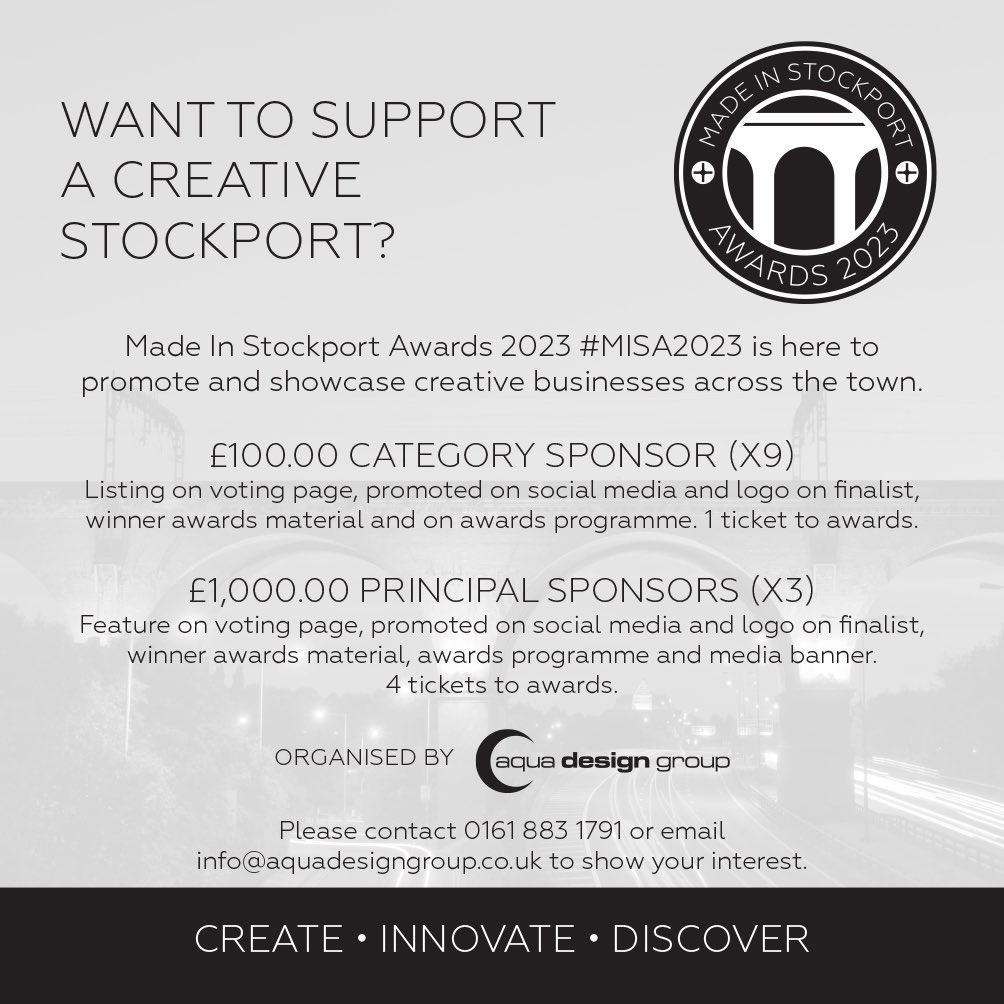 Would you like to get involved in #MadeInStockport Awards 2023 #MISA2023 and support a creative #Stockport? Come and have a chat 😊 #SBS #Cheshire #BusinessAwards #PromoteStockport aquadesigngroup.co.uk