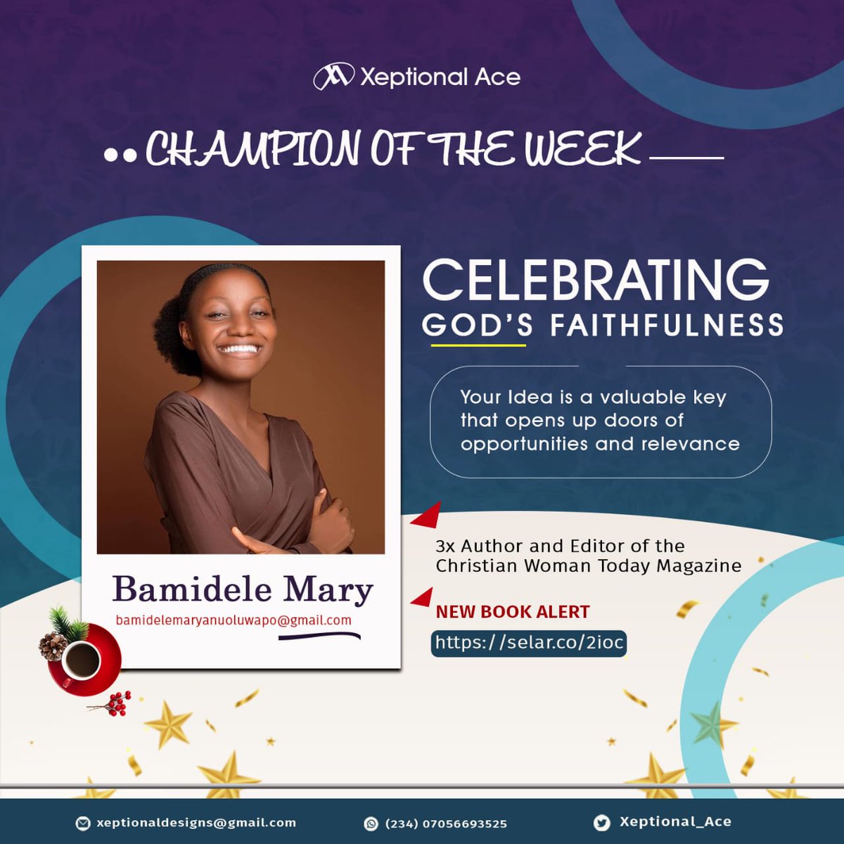 jaybeedebbie's tweet photo. Celebrating people who have painstakingly followed through certain processes to Achieve success is what we do.
We present Miss Bamidele Mary as our online Champion. @marybamidele_
Get her latest book here🥰🥰🥰
https://t.co/OctGld3TC7
#XeptionalAce https://t.co/98DaH7mfKv